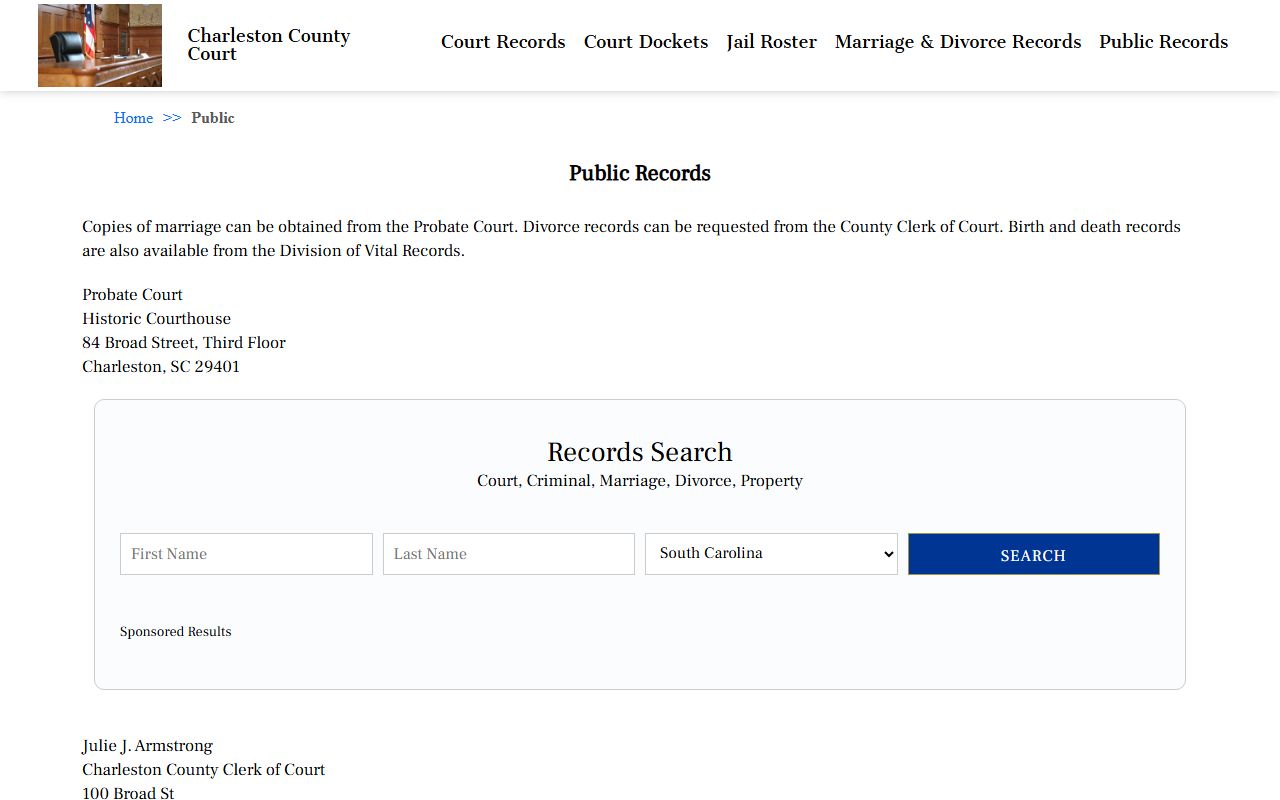 Charleston city public records page for Charleston birth records