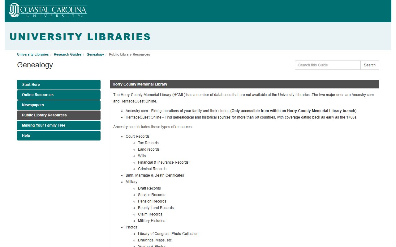 Coastal Carolina University library genealogy resources for Conway birth records