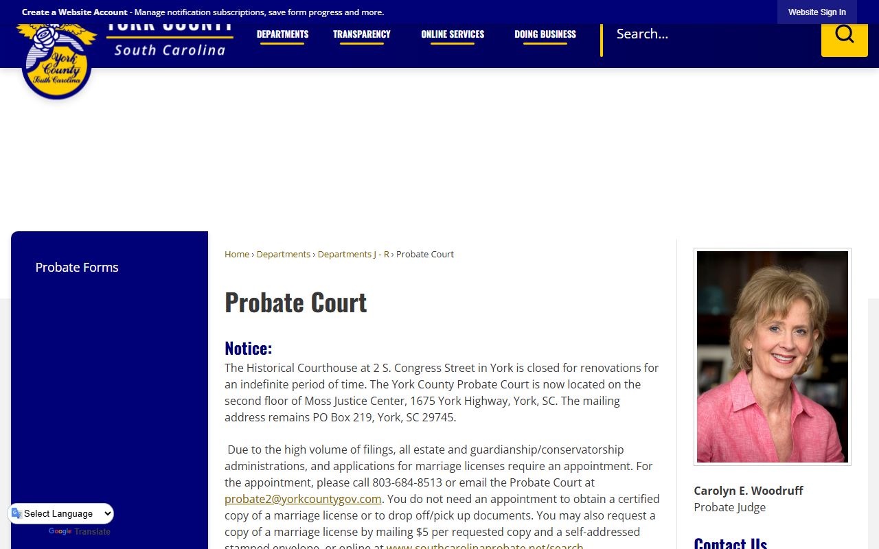 York County Probate Court in Rock Hill for Rock Hill birth records research