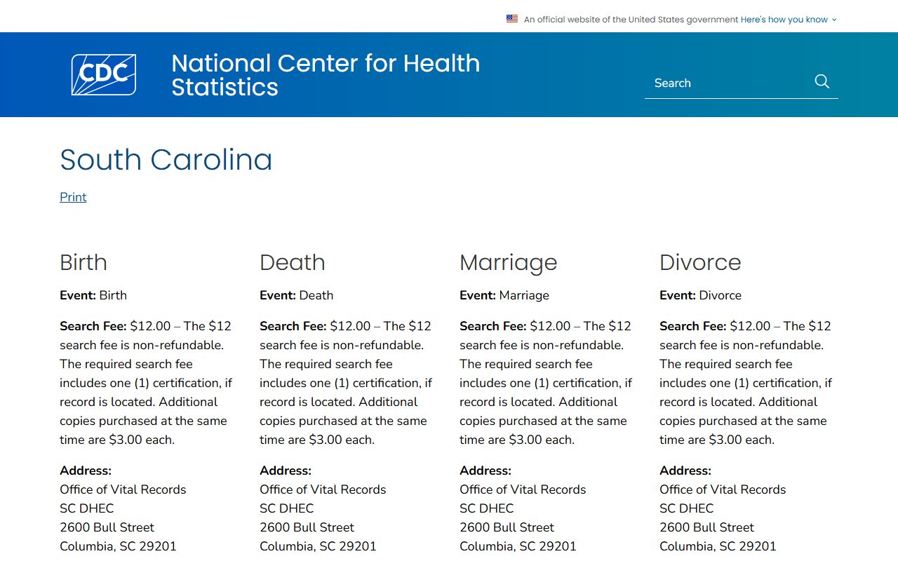 CDC guide for South Carolina birth records and vital records ordering