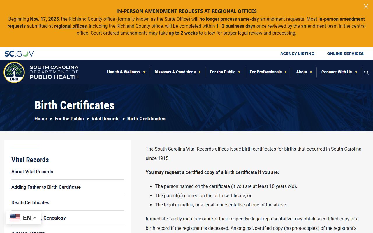 South Carolina DPH birth certificates page showing ordering instructions