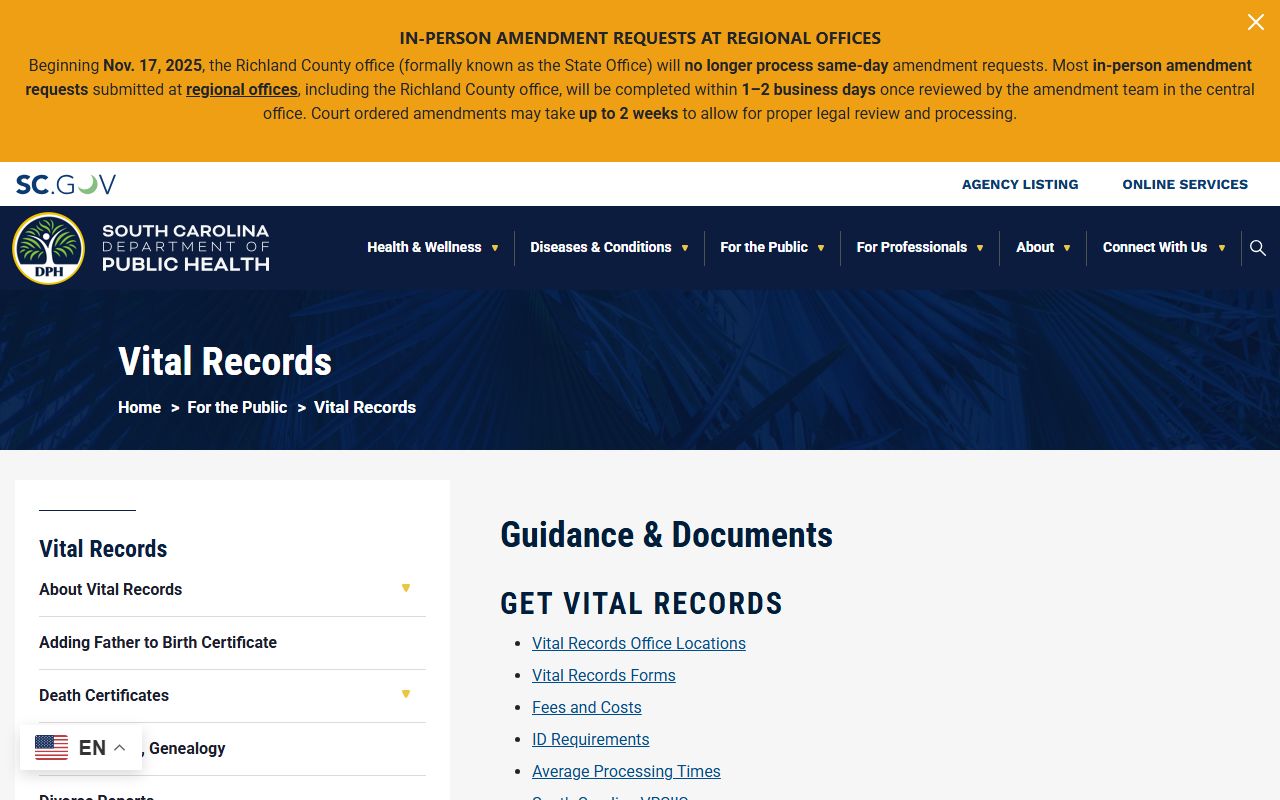 South Carolina DPH Vital Records main page for birth records