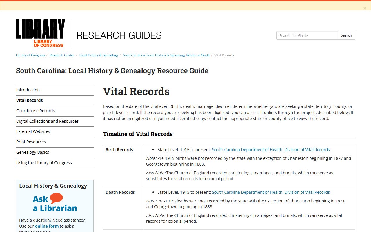 Library of Congress guide to South Carolina vital records and birth records history