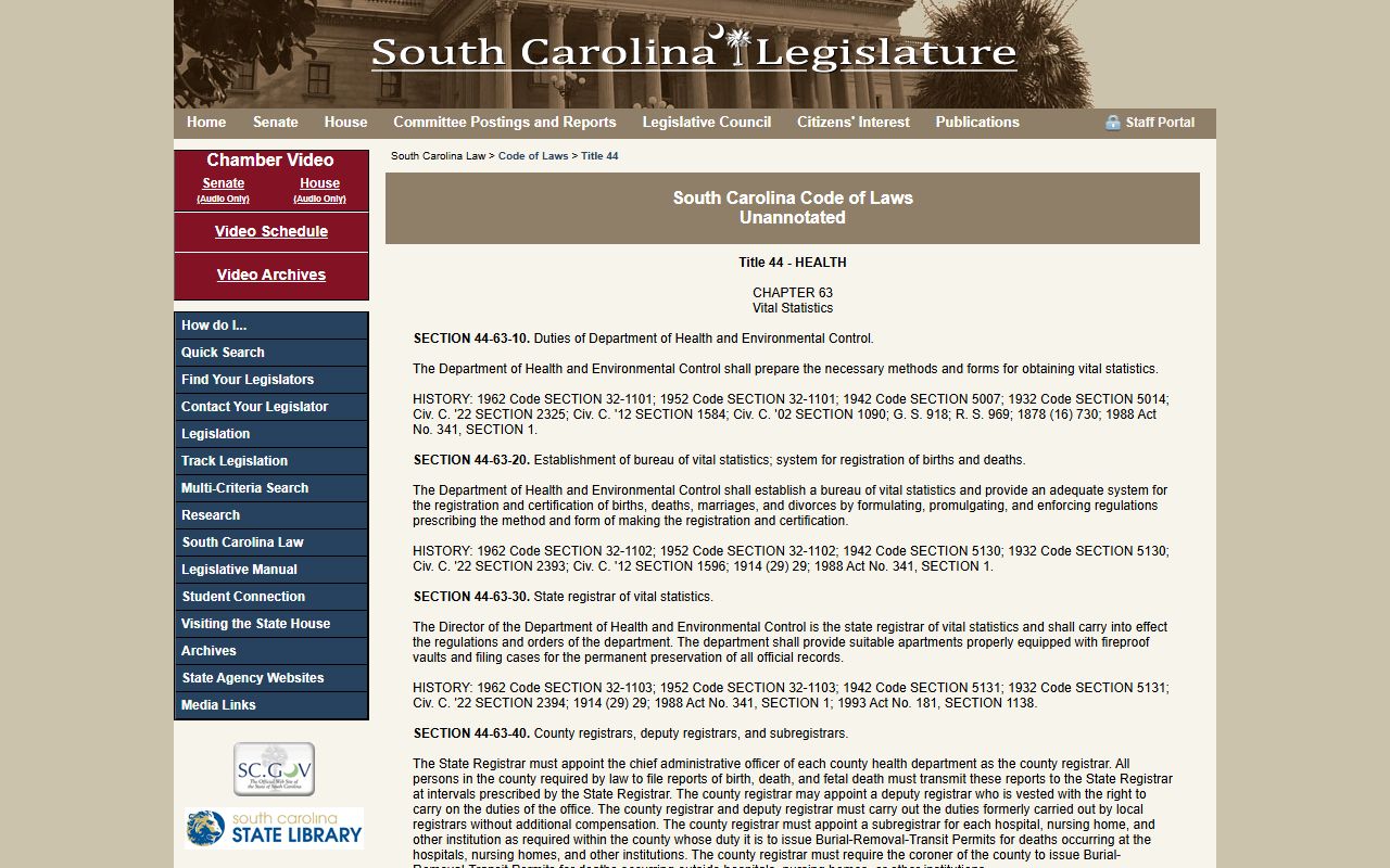 South Carolina Code of Laws Title 44 Chapter 63 governing vital records