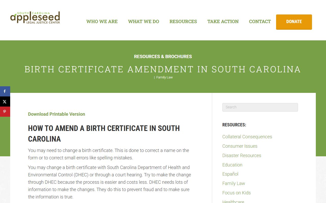 South Carolina Justice guide to birth certificate amendments