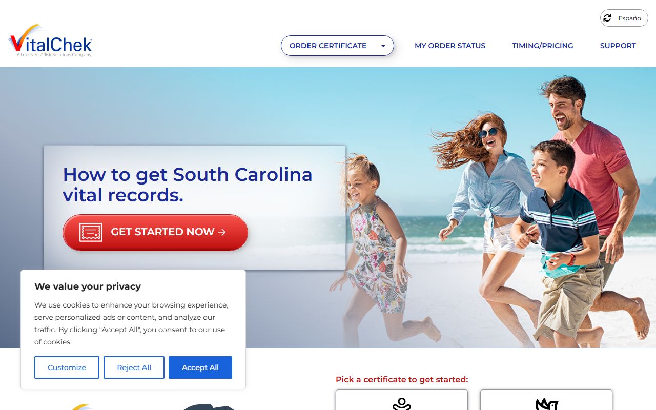 VitalChek ordering page for South Carolina birth records online